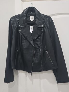 GAP Black Faux Leather Moto Jacket with Silver Hardware